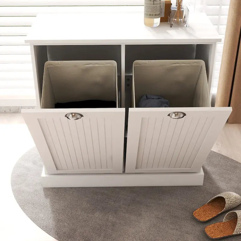Wäschesortierschrank mit zwei Fächern und herausnehmbaren Stofftaschen