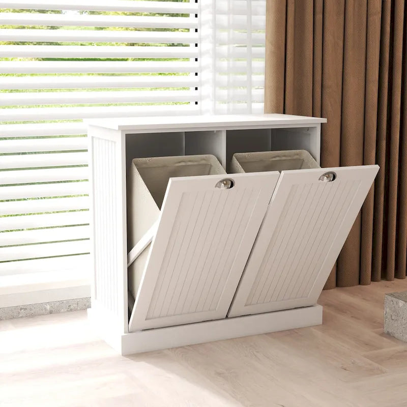 Wäschesortierschrank mit zwei Fächern und herausnehmbaren Stofftaschen