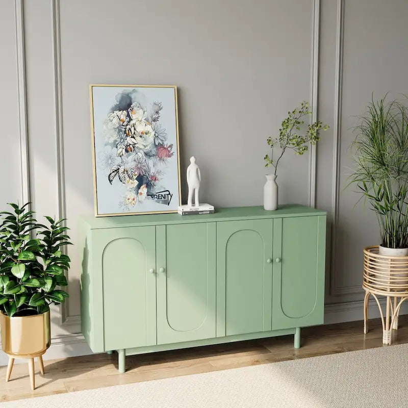 Modern 4-Door Sideboard Buffet Cabinet with Arched Doors - Light Green