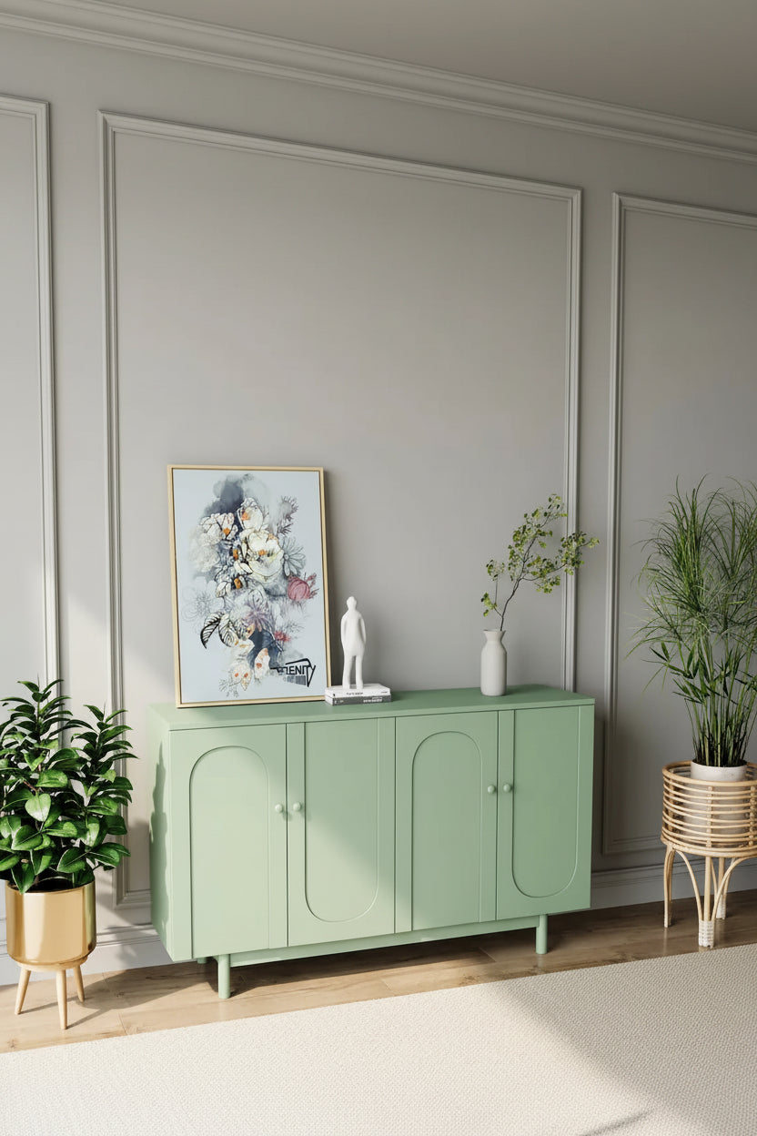 Modern 4-Door Sideboard Buffet Cabinet with Arched Doors - Light Green