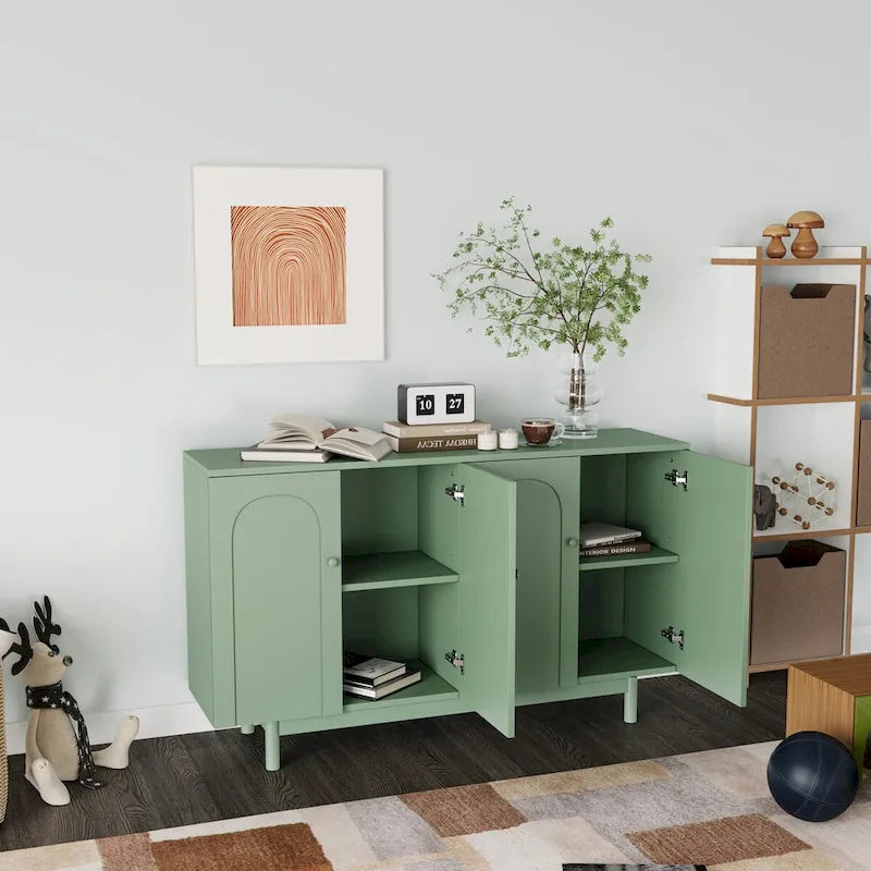 Modern 4-Door Sideboard Buffet Cabinet with Arched Doors - Light Green