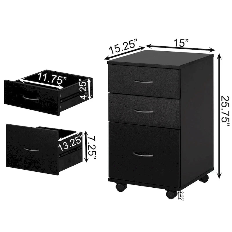 3-Drawer Mobile File Cabinet with Rolling Wheels - Fits Under Desk, Home Office