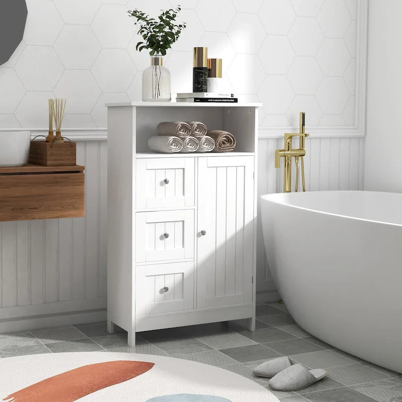 White Bathroom Storage Cabinet with 3 Drawers and 1 Door
