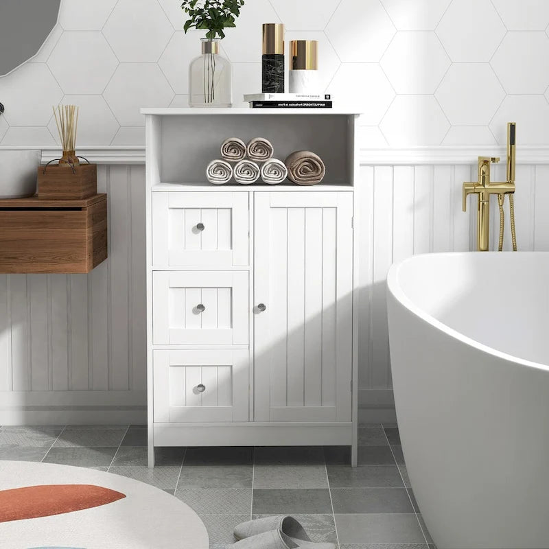 White Bathroom Storage Cabinet with 3 Drawers and 1 Door