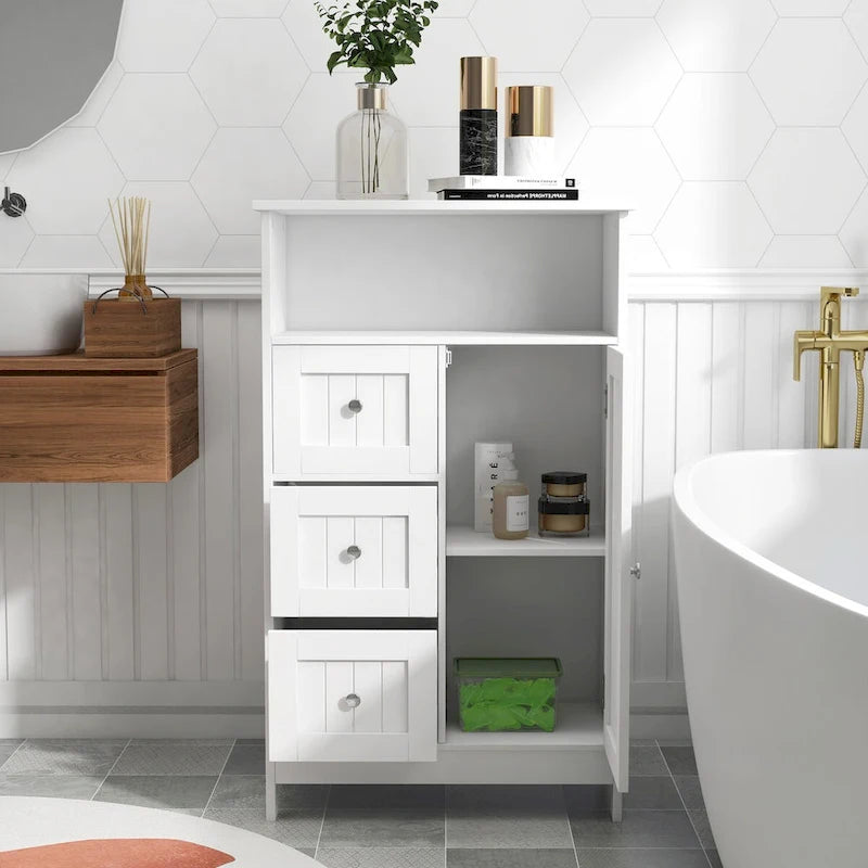 White Bathroom Storage Cabinet with 3 Drawers and 1 Door