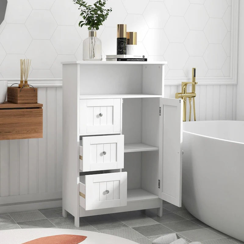 White Bathroom Storage Cabinet with 3 Drawers and 1 Door