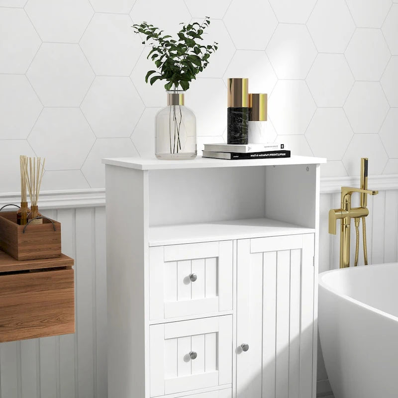 White Bathroom Storage Cabinet with 3 Drawers and 1 Door