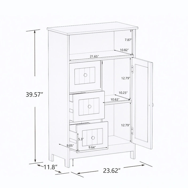 White Bathroom Storage Cabinet with 3 Drawers and 1 Door