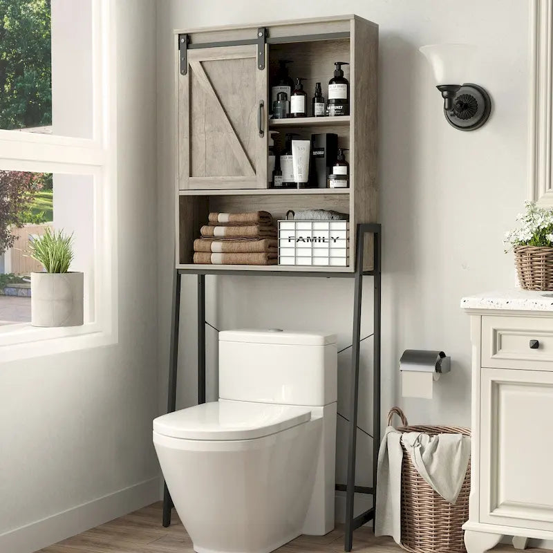 Over-Toilet Storage Cabinet with Sliding Barn Door and Adjustable Shelves