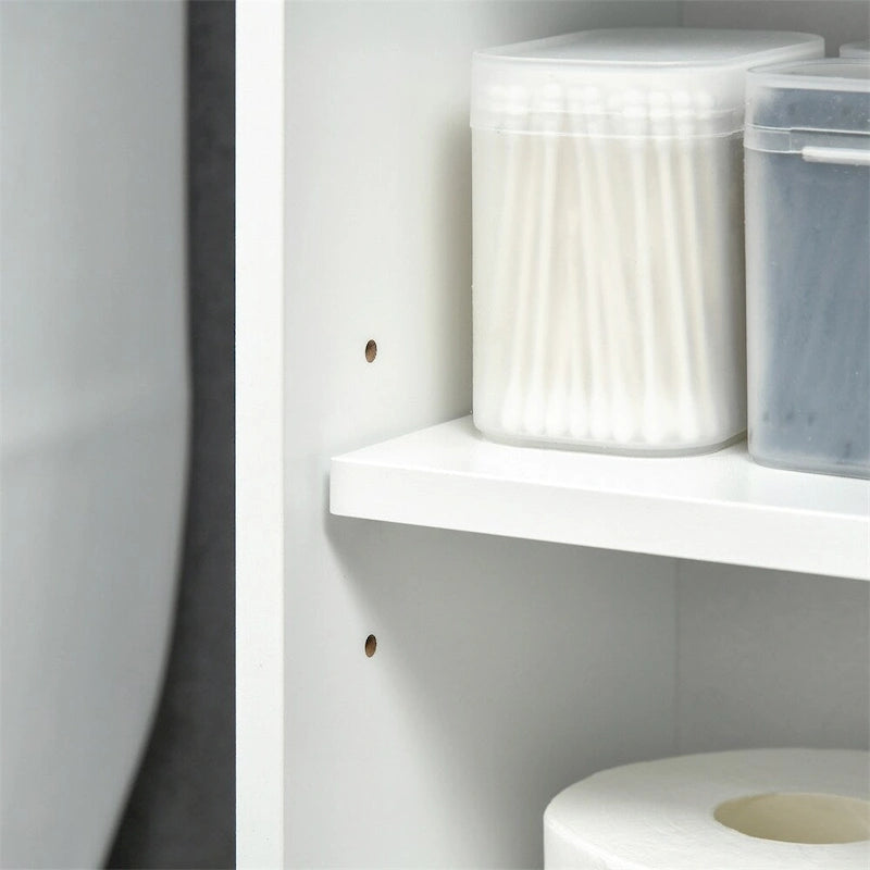 Freistehender Badezimmerschrank über der Toilette mit oberem Schrank, Seitenschrank und offenem Bogen