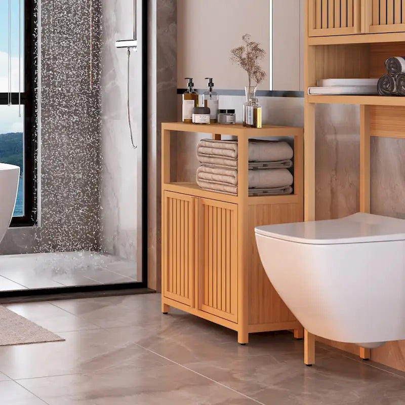 32 Tall Wood 2-door Bathroom Cabinet in Neutral with Interior Shelf