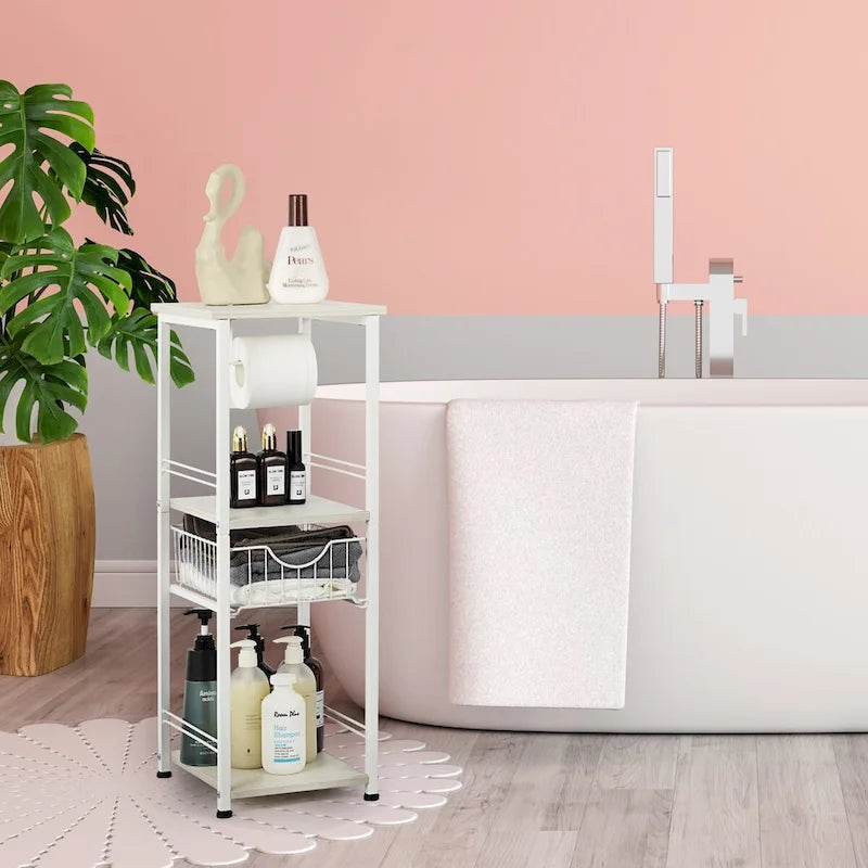 Freestanding Bathroom Shelf with Drawer and Toilet Paper Holder - Rustic Style
