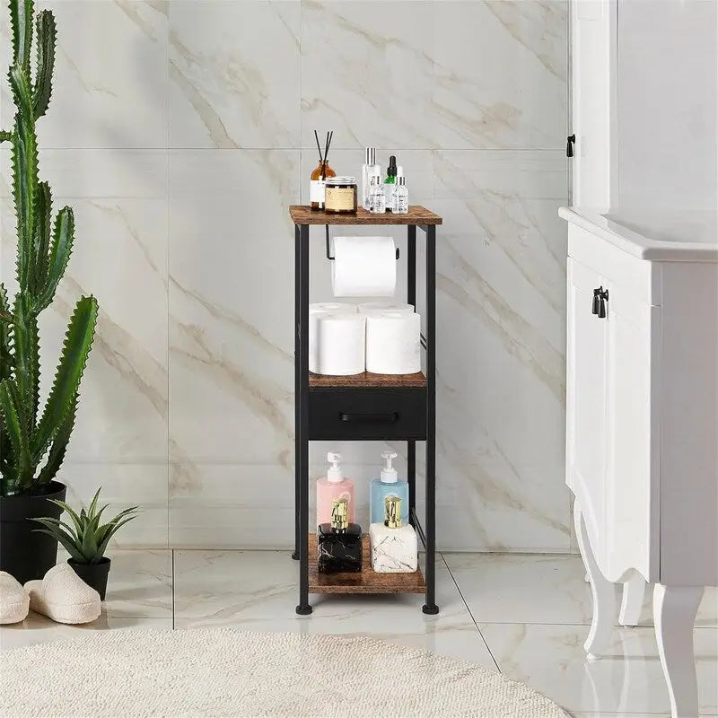 3-Tier Bathroom Storage Shelf with Drawer and Toilet Paper Holder - 10.2Dx11.8Wx28.1H