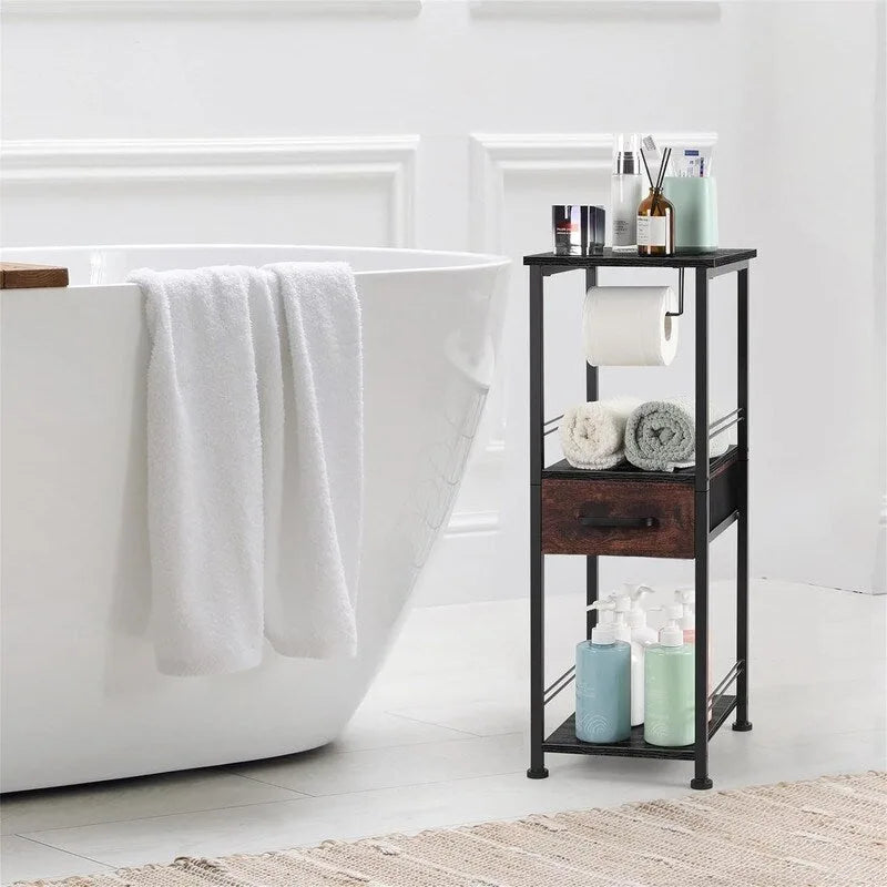 3-Tier Bathroom Storage Shelf with Drawer and Toilet Paper Holder - 10.2Dx11.8Wx28.1H