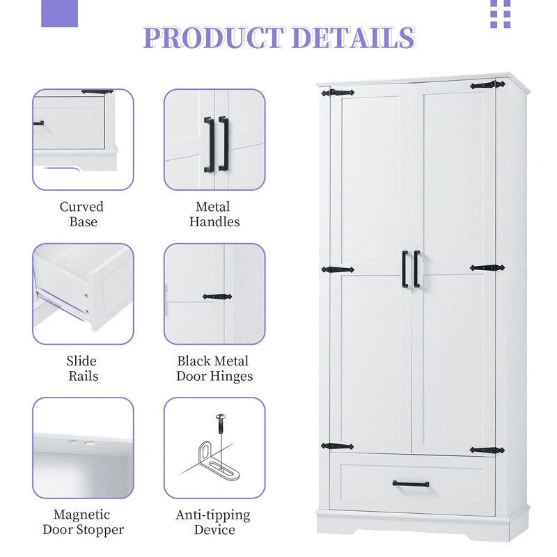 Tall Bathroom Storage Cabinet with 2 Doors, 1 Drawer and Adjustable Shelves - White