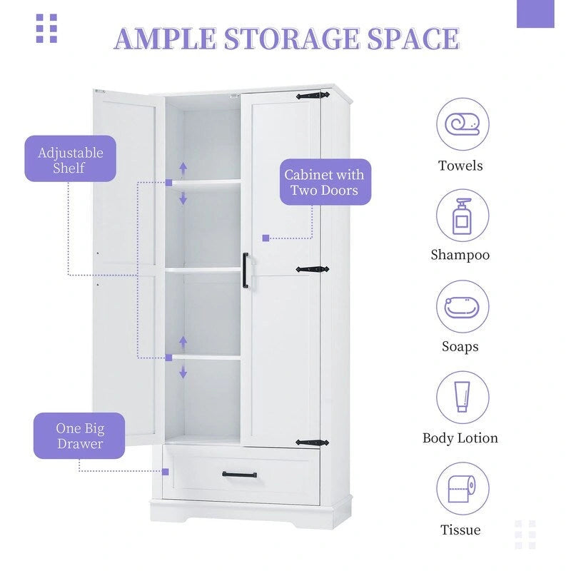 Tall Bathroom Storage Cabinet with 2 Doors, 1 Drawer and Adjustable Shelves - White