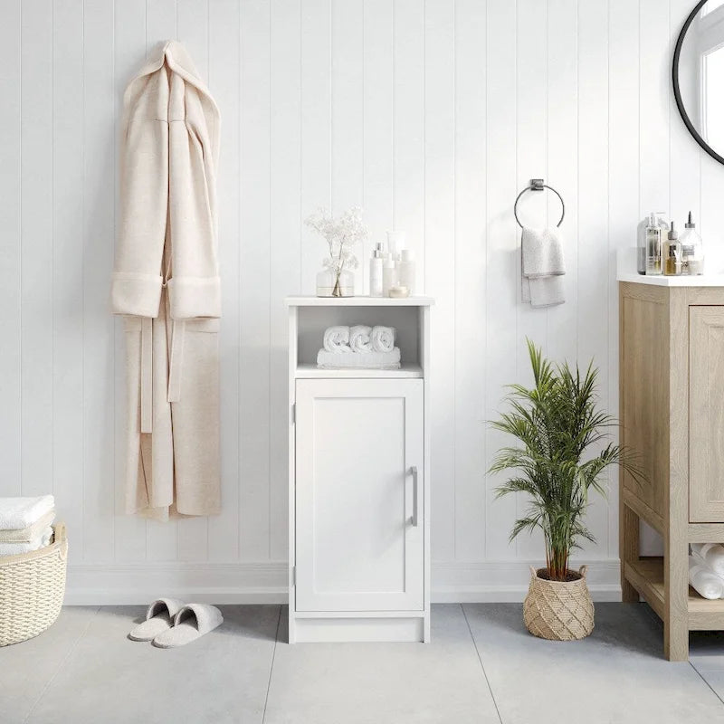 Freestanding Bathroom Storage Cabinet with Open Shelf and Single Door - White