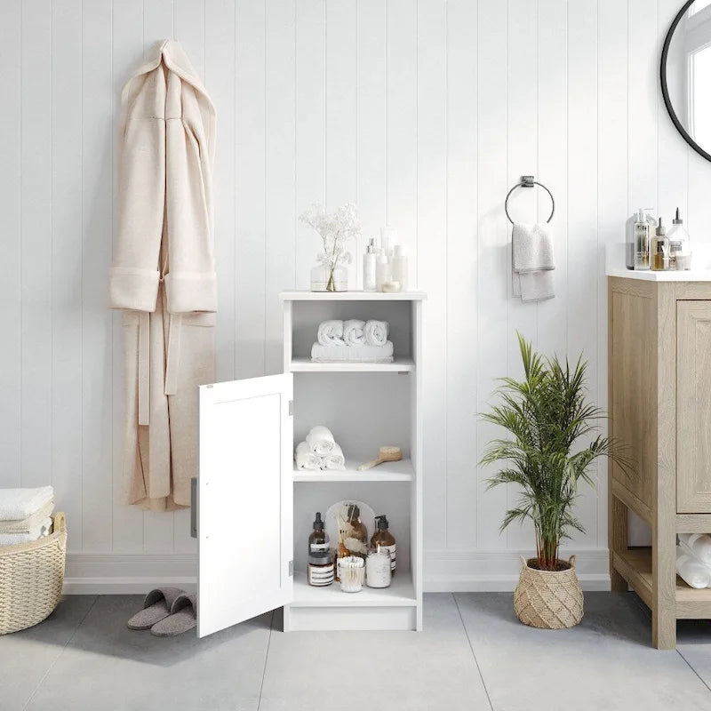 Freestanding Bathroom Storage Cabinet with Open Shelf and Single Door - White