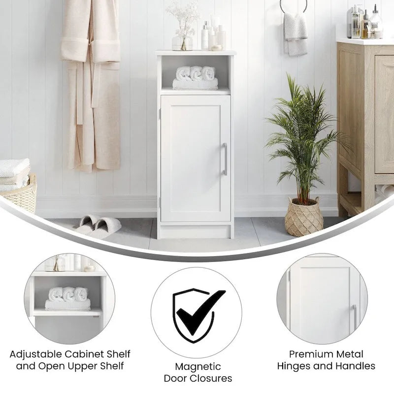 Freestanding Bathroom Storage Cabinet with Open Shelf and Single Door - White