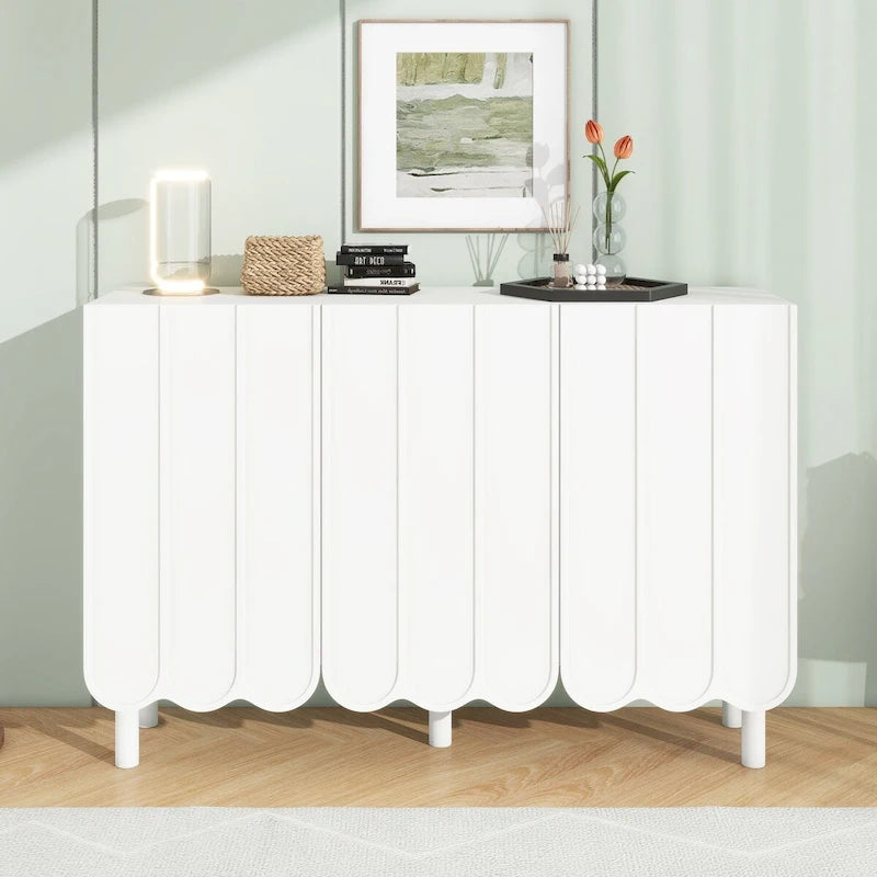 Shoe Cabinet and Sideboard Buffet with Wave Doors, Adjustable Shelves and Solid Wood Legs