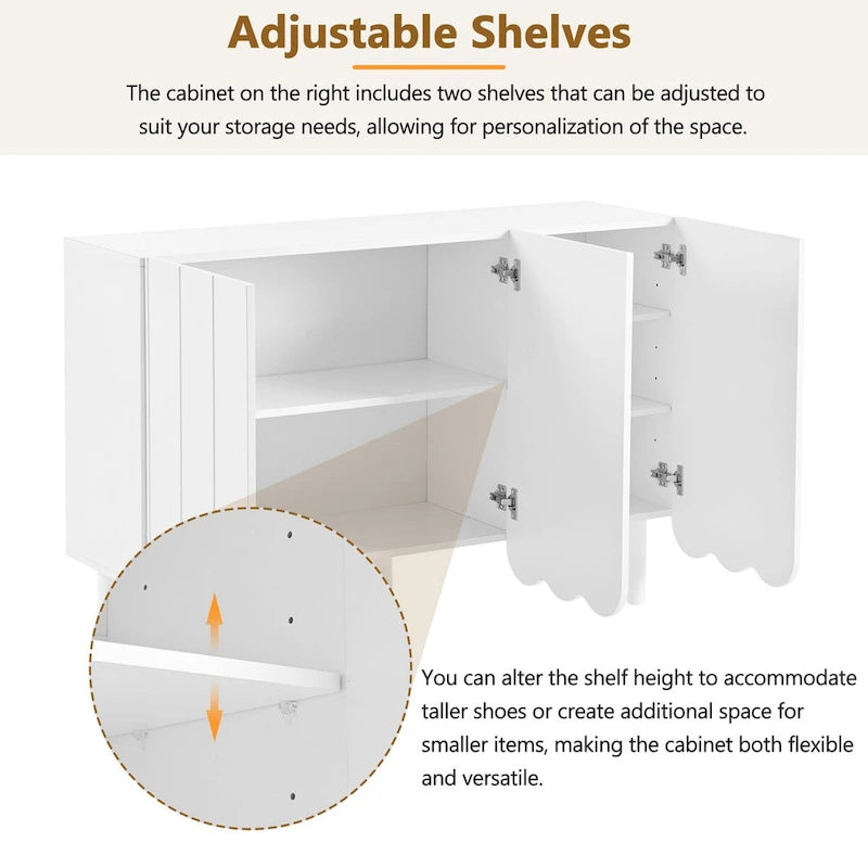 Shoe Cabinet and Sideboard Buffet with Wave Doors, Adjustable Shelves and Solid Wood Legs