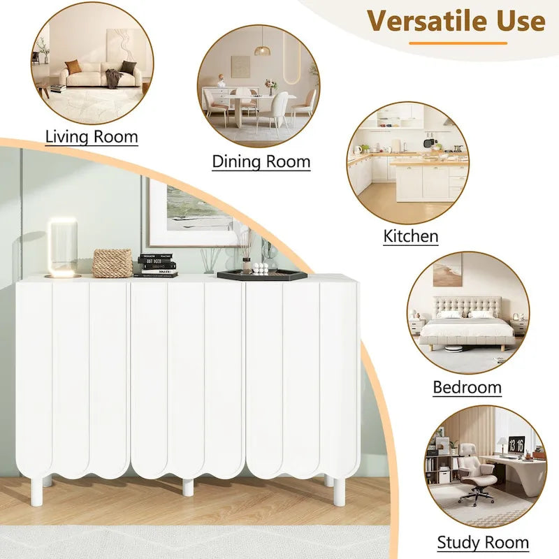 Shoe Cabinet and Sideboard Buffet with Wave Doors, Adjustable Shelves and Solid Wood Legs