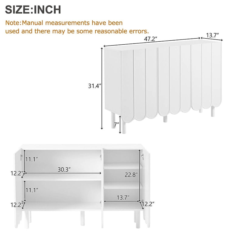 Schuhschrank und Buffet-Sideboard mit Türen in Wellenoptik, verstellbaren Einlegeböden und Beinen aus Massivholz