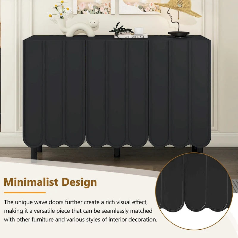 Schuhschrank und Buffet-Sideboard mit Türen in Wellenoptik, verstellbaren Einlegeböden und Beinen aus Massivholz