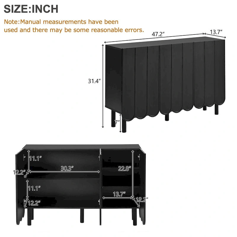 Schuhschrank und Buffet-Sideboard mit Türen in Wellenoptik, verstellbaren Einlegeböden und Beinen aus Massivholz