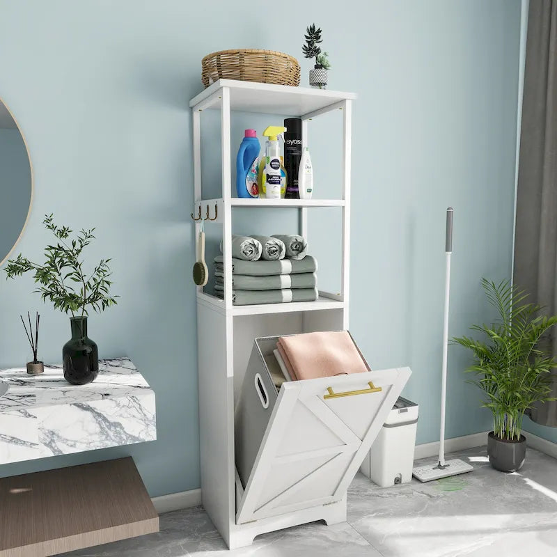3-Tier Tilt-Out Laundry Hamper Cabinet with Storage Shelf and Metal Hooks - 53H