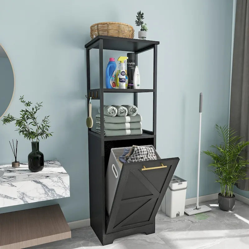 3-Tier Tilt-Out Laundry Hamper Cabinet with Storage Shelf and Metal Hooks - 53H