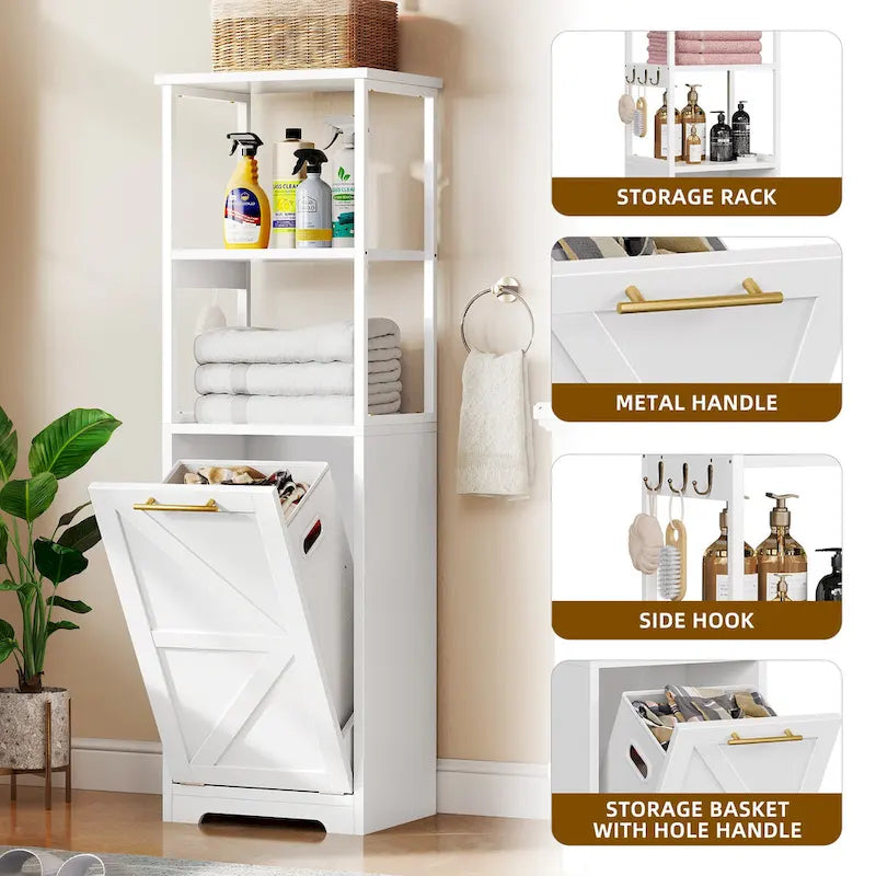 3-Tier Tilt-Out Laundry Hamper Cabinet with Storage Shelf and Metal Hooks - 53H