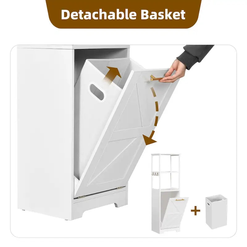 3-Tier Tilt-Out Laundry Hamper Cabinet with Storage Shelf and Metal Hooks - 53H