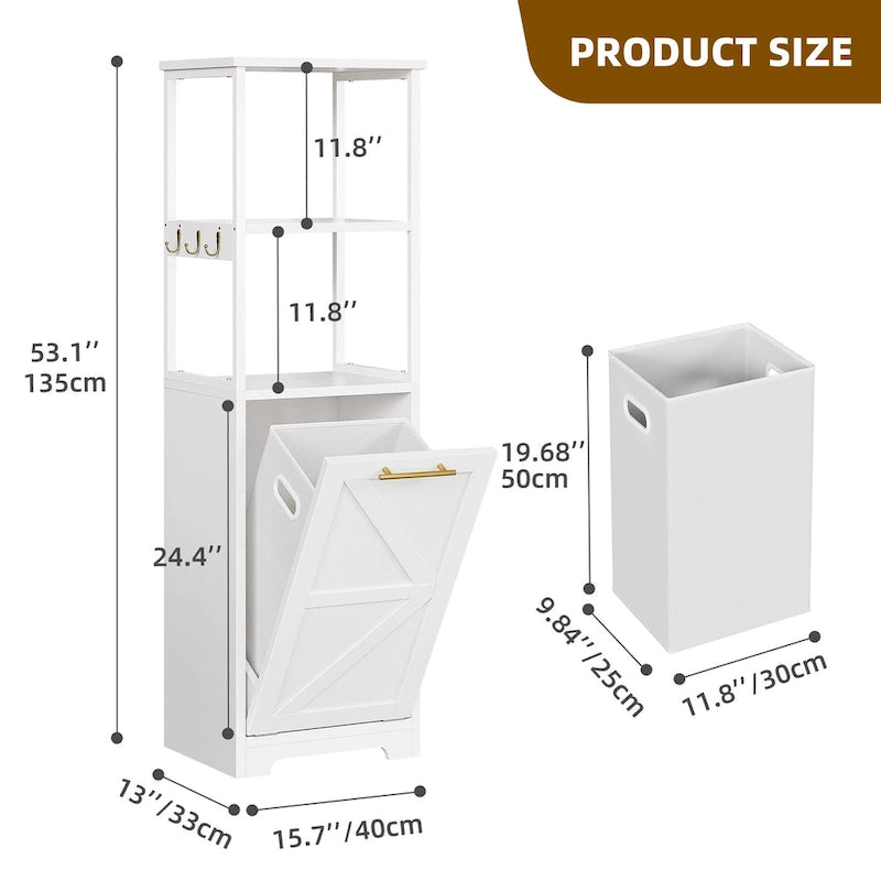 3-Tier Tilt-Out Laundry Hamper Cabinet with Storage Shelf and Metal Hooks - 53H