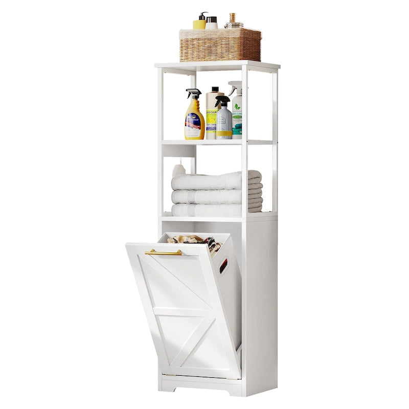3-Tier Tilt-Out Laundry Hamper Cabinet with Storage Shelf and Metal Hooks - 53H
