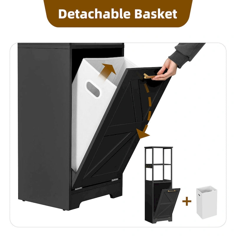 3-Tier Tilt-Out Laundry Hamper Cabinet with Storage Shelf and Metal Hooks - 53H