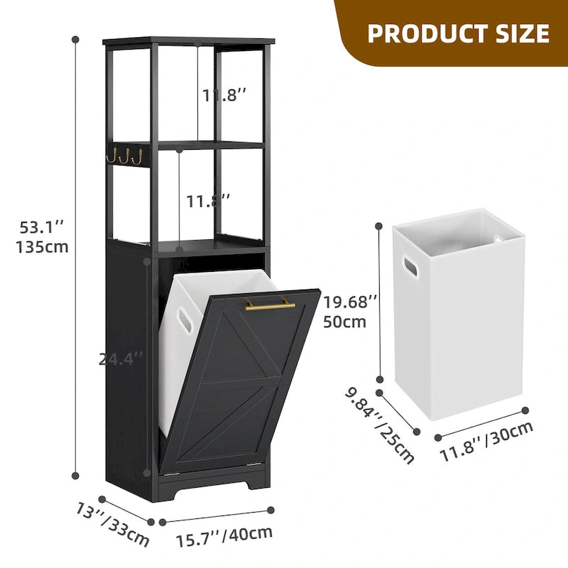 3-Tier Tilt-Out Laundry Hamper Cabinet with Storage Shelf and Metal Hooks - 53H