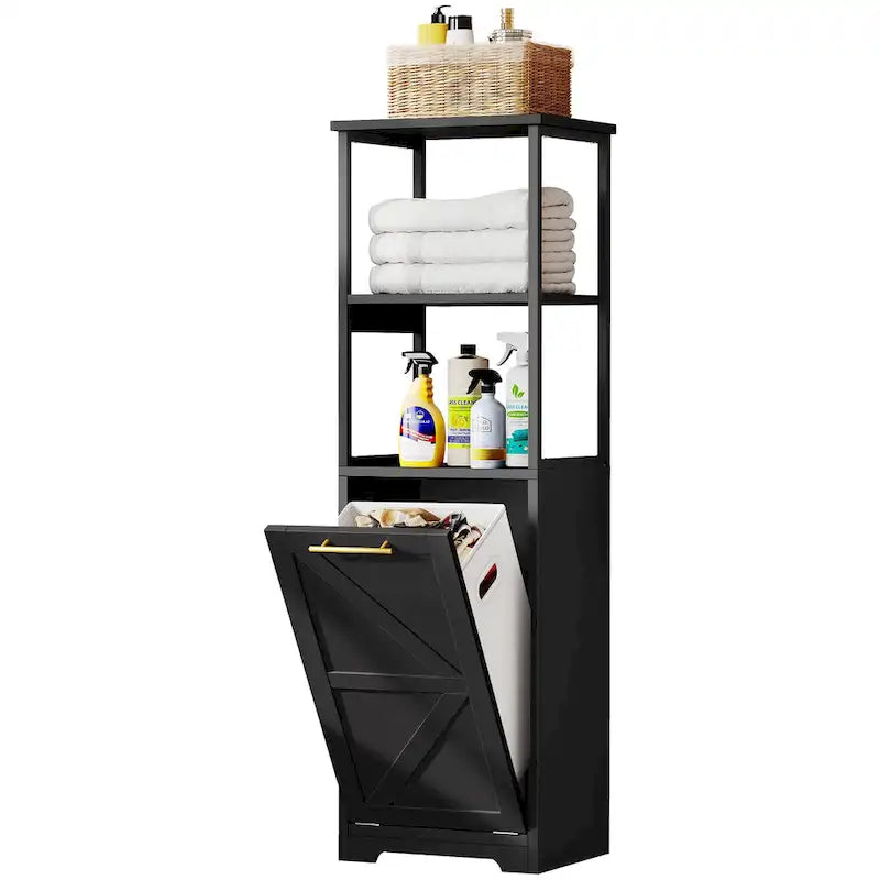3-Tier Tilt-Out Laundry Hamper Cabinet with Storage Shelf and Metal Hooks - 53H