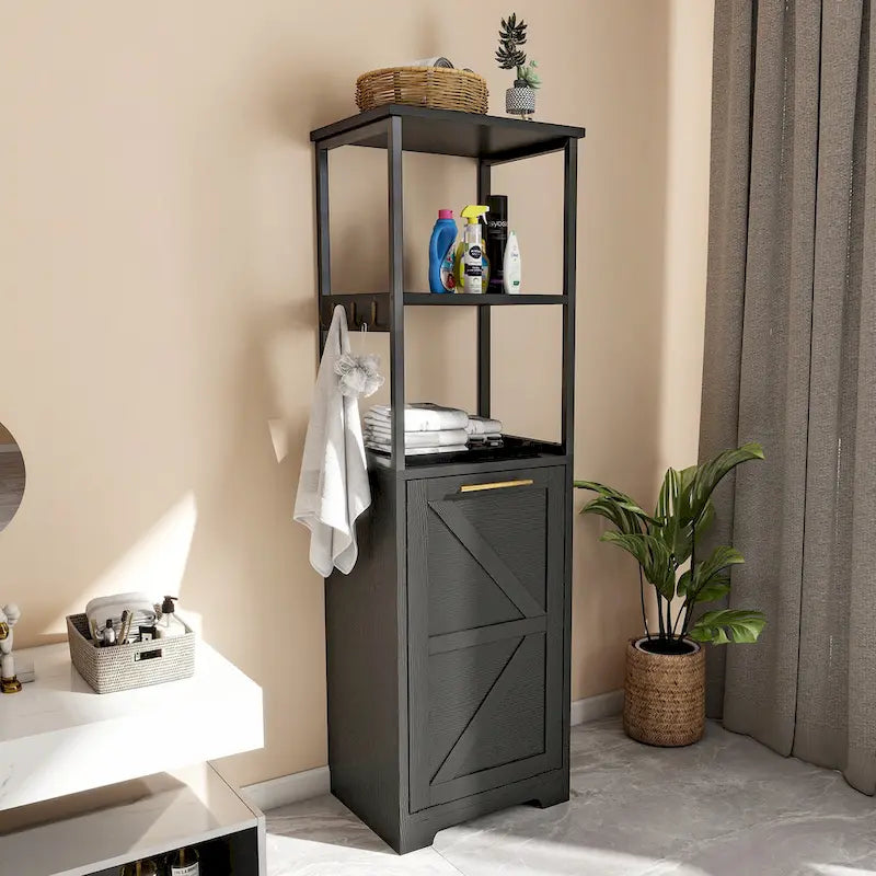 3-Tier Tilt-Out Laundry Hamper Cabinet with Storage Shelf and Metal Hooks - 53H