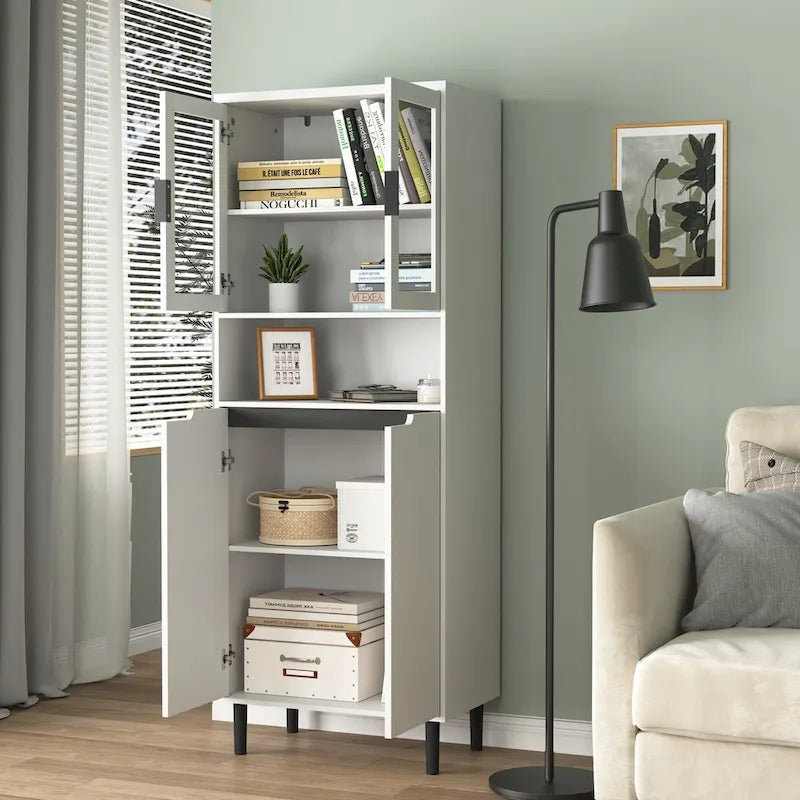 Tall Freestanding Storage Cabinet with Glass Doors